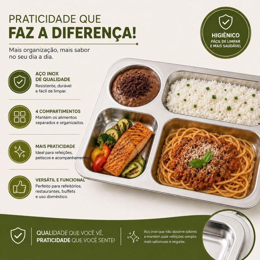 Bandeja Inox 4 Compartimentos Aço Inox Para Refeitório Restaurante - imagem 5
