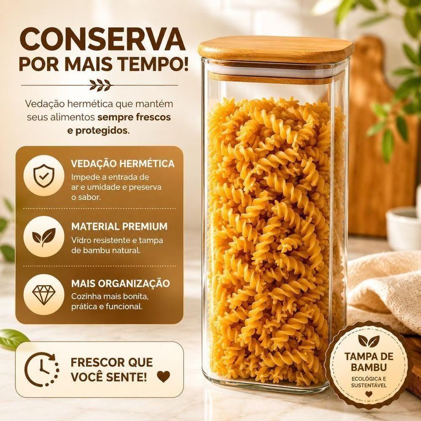 Kit 2 Pote Porta Mantimentos 1700ml Vidro Tampa Bambu Hermetico Empilhavél Cozinha Transparente - imagem 5
