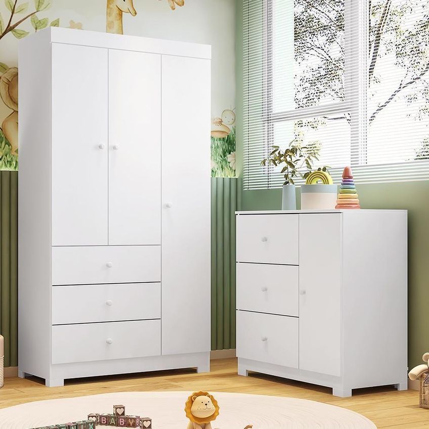 Jogo De Quarto Infantil Duda Com Guarda Roupa E Cômoda 3 Portas 3 Gavetas Mdf Branco Phoenix Baby - imagem 5
