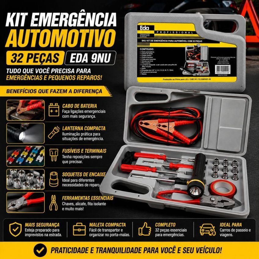 Kit De Emergência Para Carro 32 Peças Maleta Com Cabos Chupeta 300a Lanterna Led E Ferramentas - imagem 2