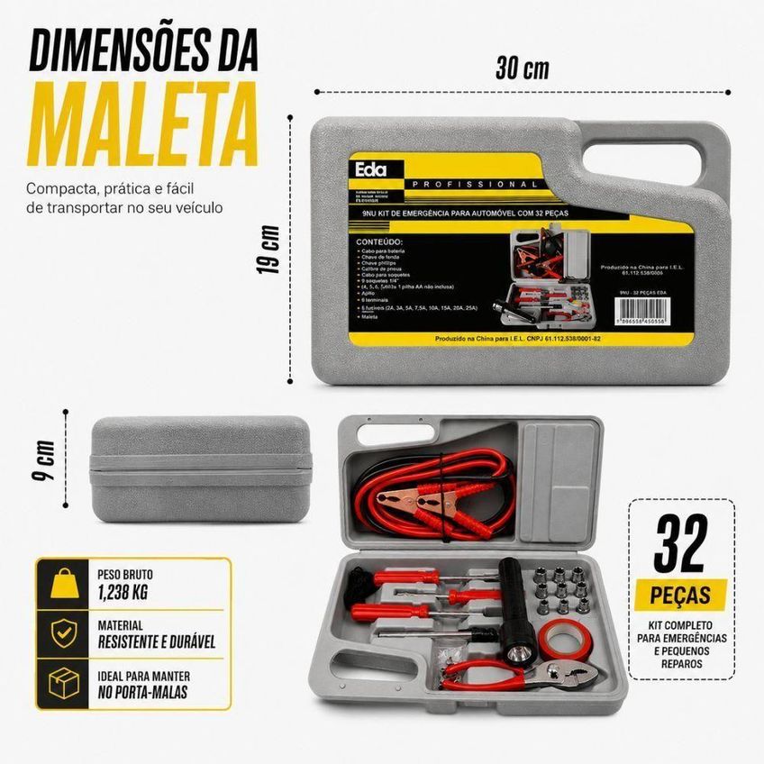 Kit De Emergência Para Carro 32 Peças Maleta Com Cabos Chupeta 300a Lanterna Led E Ferramentas - imagem 3
