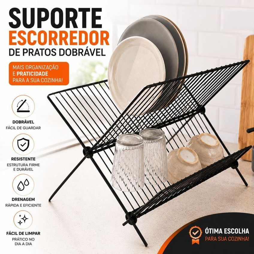 Suporte Escorredor De Pratos Dobrável Organizador De Louças Metal Para Cozinha Preto - imagem 2