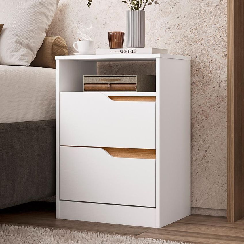 Mesa De Cabeceira Sole 2 Gavetas MDP Moderno Branco-Freijó - imagem 3