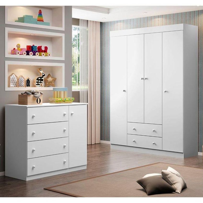 Jogo De Quarto Infantil Helena Com Guarda Roupa E Cômoda 4 Portas 6 Gavetas Mdp Branco Phoenix Baby - imagem 4