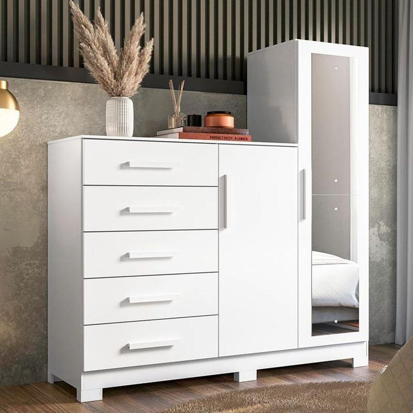 Cômoda New Master 5 Gavetas MDP com Espelho Branco Albatroz Móveis - imagem 2
