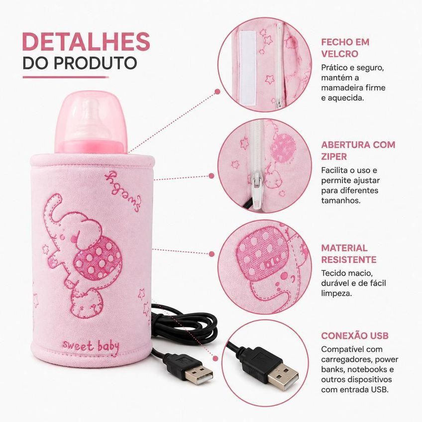 Aquecedor De Mamadeira USB Portátil Com Alimentação USB Rosa - imagem 5