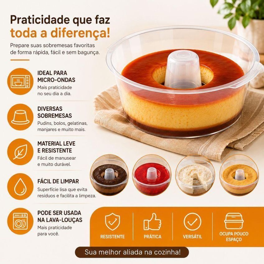 Forma Para Pudim E Bolo Micro-ondas 1,8l Polipropileno Livre De Bpa Sobremesas Lava Louças - imagem 5