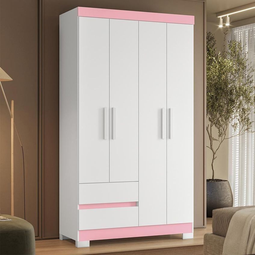 Guarda Roupa Solteiro Olímpia 4 Portas 2 Gavetas MDP Branco-rosa Albatroz Móveis - imagem 3