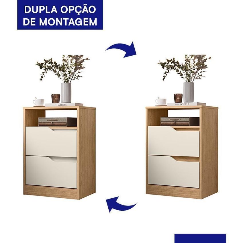 Kit 2 Mesas De Cabeceira Sole 2 Gavetas MDF Contemporâneo Off White E Freijó Albatroz Móveis - imagem 2