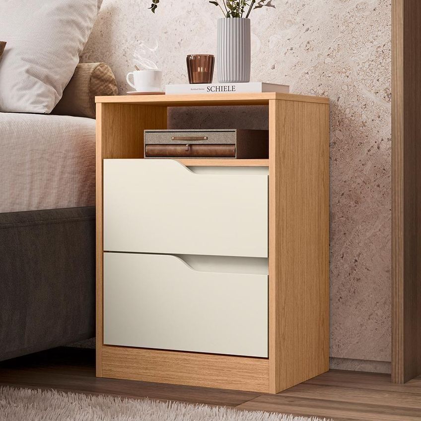 Kit 2 Mesas De Cabeceira Sole 2 Gavetas MDF Contemporâneo Off White E Freijó Albatroz Móveis - imagem 3