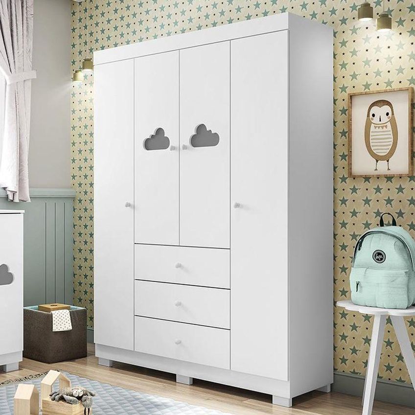 Guarda Roupa Infantil Ane 4 Portas Giratórias 3 Gavetas MDF Branco - imagem 2