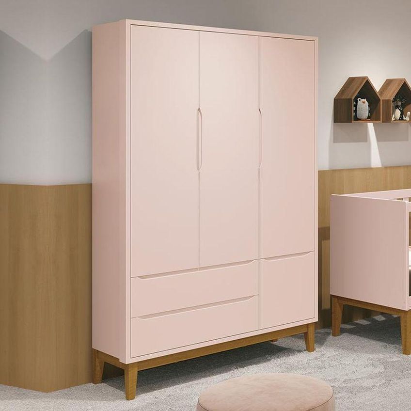 Guarda Roupa Infantil Classic 3 Portas De Bater 2 Gavetas MDF Rosa Fosco Reller Móveis - imagem 3