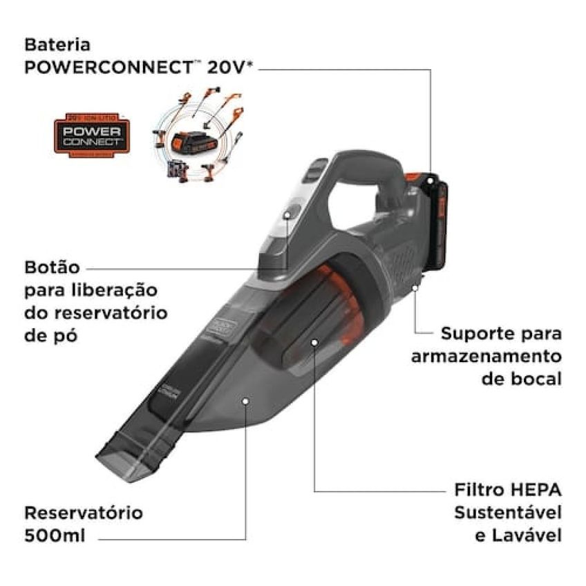 Aspirador De Pó Portátil Bchv001d1e-br Powerconnect 20v Black+decker - imagem 4