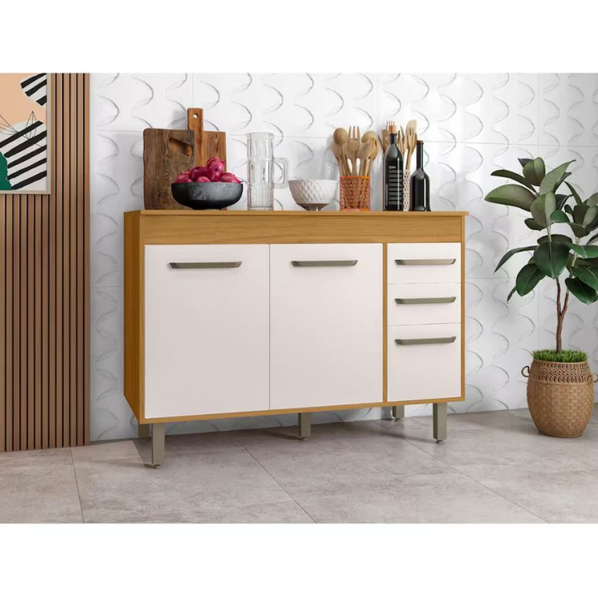 Balcão De Cozinha Malta 120cm 3 Portas 2 Gavetas Com Tampo Poliman - imagem 4