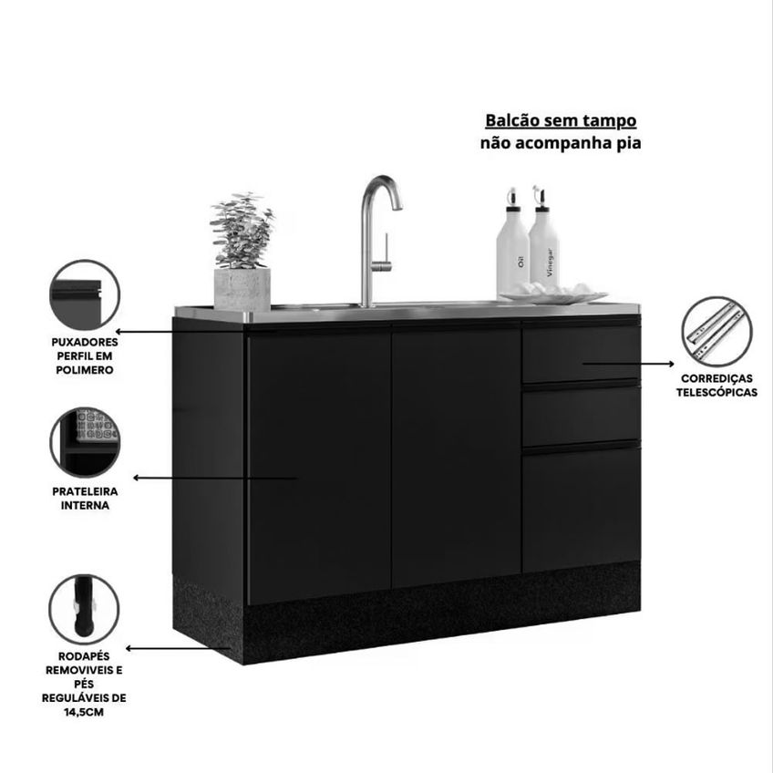 Balcão 120 Cm Sem Tampo 3 Portas 2 Gavetas Etna Poliman Móveis - imagem 3