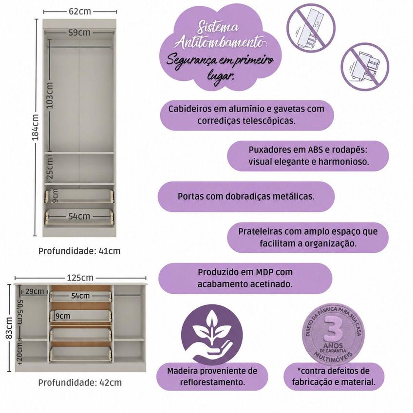 Quarto De Bebê Completo Com Berço Americano 3 Em 1 Colchão Incluso Encanto Multimóveis MP4609 - Off White - imagem 3