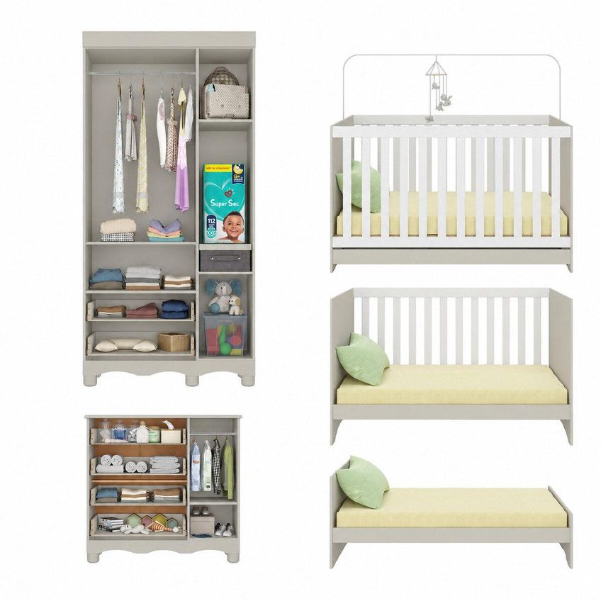Quarto De Bebê Completo Com Berço Americano 3 Em 1 Colchão Incluso Suspiro Multimóveis Mp4640 - Off White - imagem 5