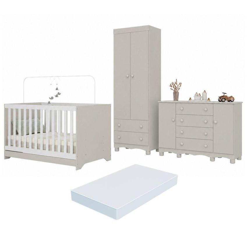 Quarto De Bebê Completo Com Berço Americano 3 Em 1 Colchão Incluso Dengo Multimóveis Mp4612 - Off White - imagem 2