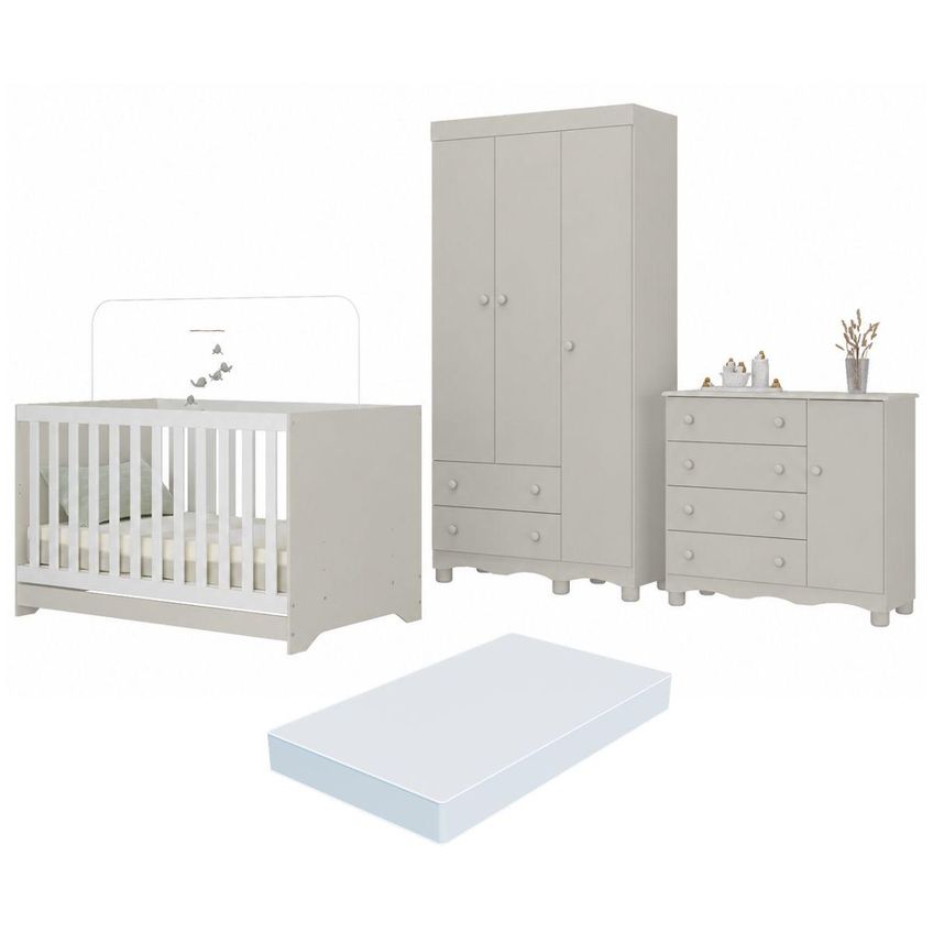 Quarto De Bebê Completo Com Berço Americano 3 Em 1 Colchão Incluso Dengo Multimóveis Mp4608 - Off White - imagem 2