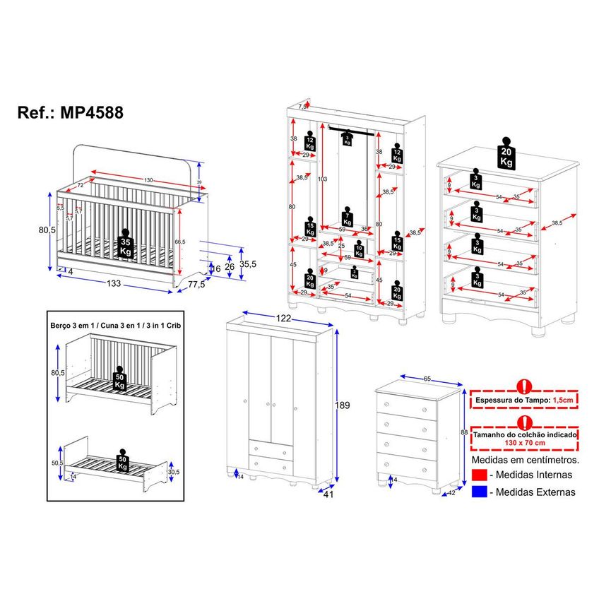 Quarto De Bebê Completo Com Berço Americano 3 Em 1 P/colchão 130x70cm Dengo Multimóveis Mp4588 - Off White - imagem 4