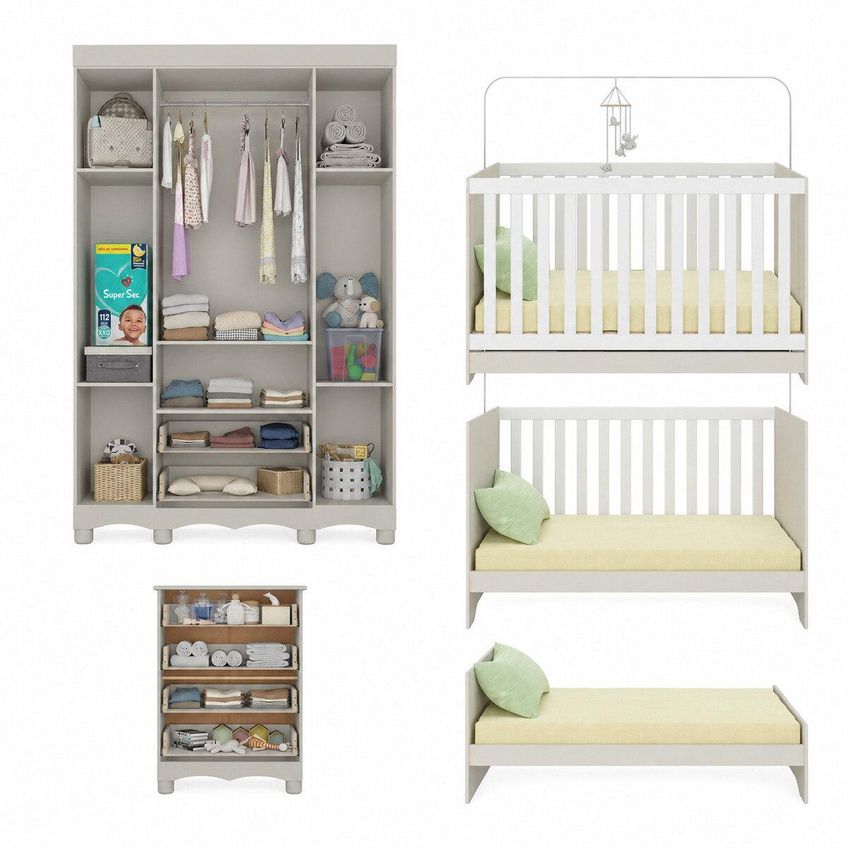 Quarto De Bebê Completo Com Berço Americano 3 Em 1 P/colchão 130x70cm Dengo Multimóveis Mp4588 - Off White - imagem 5