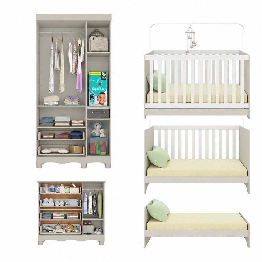 Quarto De Bebê Completo Com Berço Americano 3 Em 1 Colchão Incluso Dengo Multimóveis Mp4608 - Off White - imagem 5