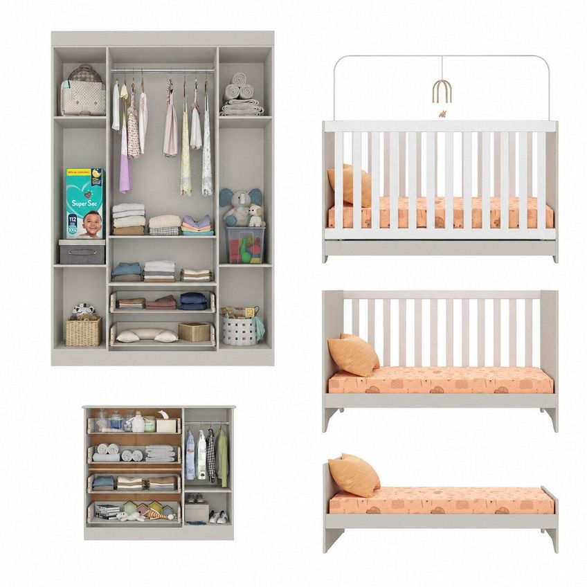 Quarto De Bebê Completo Com Berço Americano 3 Em 1 Colchão Incluso Teddy Multimóveis Mp4660 Off White - imagem 5