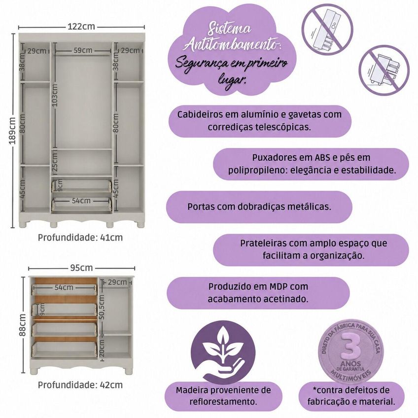 Quarto De Bebê Completo Com Berço Americano 3 Em 1 P/colchão 130x70cm Dengo Multimóveis Mp4584 - Off White - imagem 3