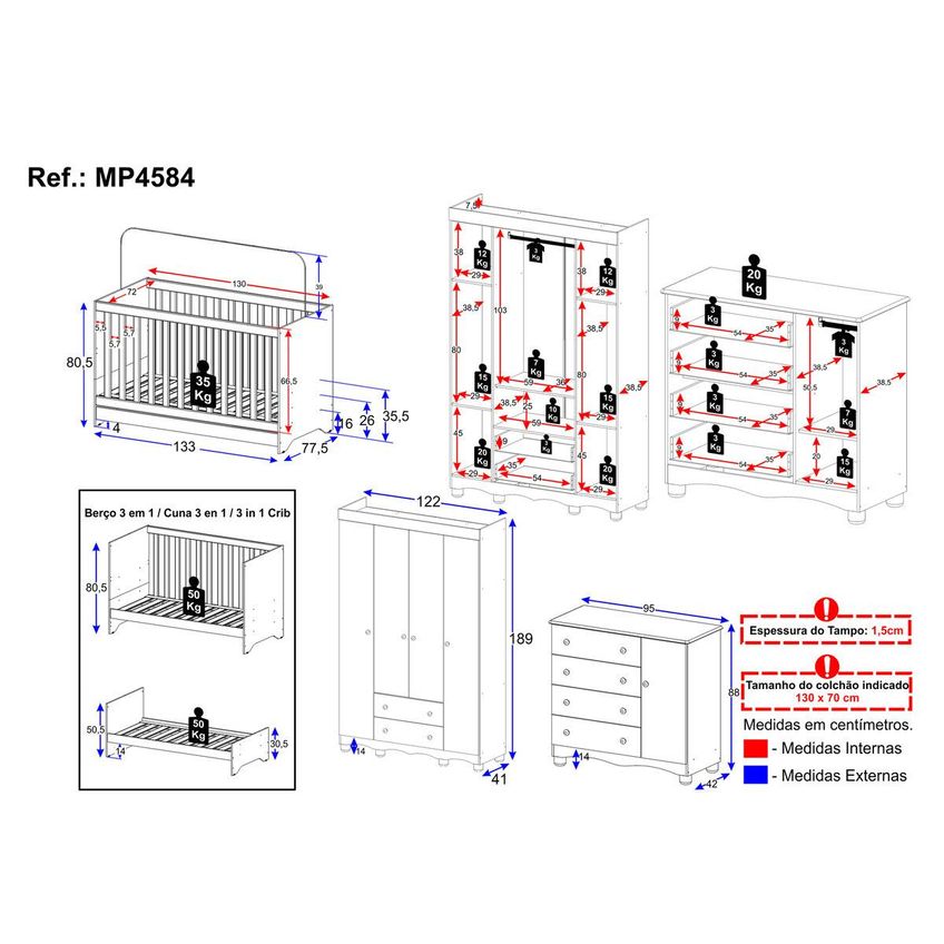 Quarto De Bebê Completo Com Berço Americano 3 Em 1 P/colchão 130x70cm Dengo Multimóveis Mp4584 - Off White - imagem 4
