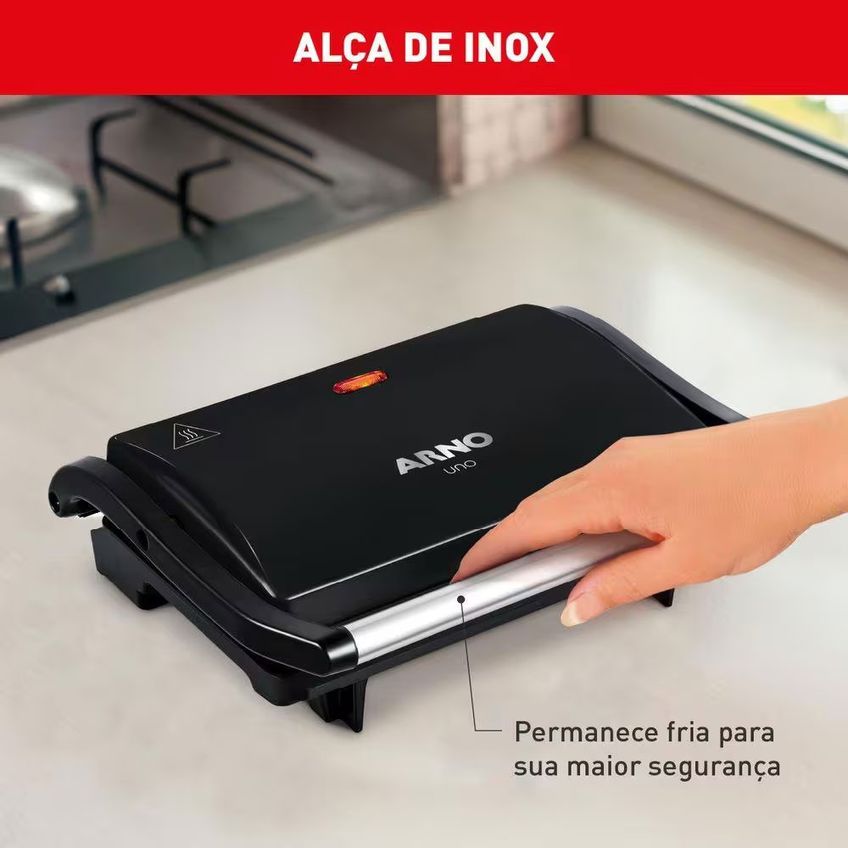 Grill Elétrico Compact Uno Gpto Grelha Antiaderente Trava Lateral Preto Arno - imagem 4