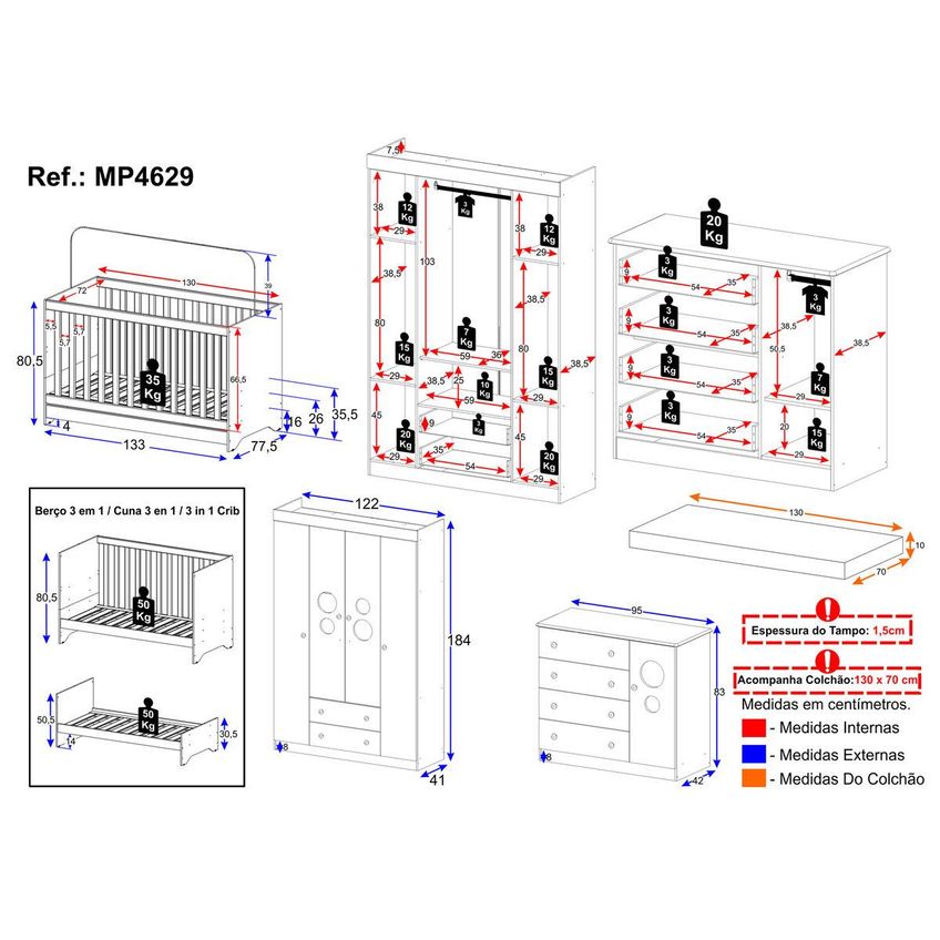 Quarto De Bebê Completo Com Berço Americano 3 Em 1 Colchão Incluso Pirulito Multimóveis Mp4629 Off White - imagem 4
