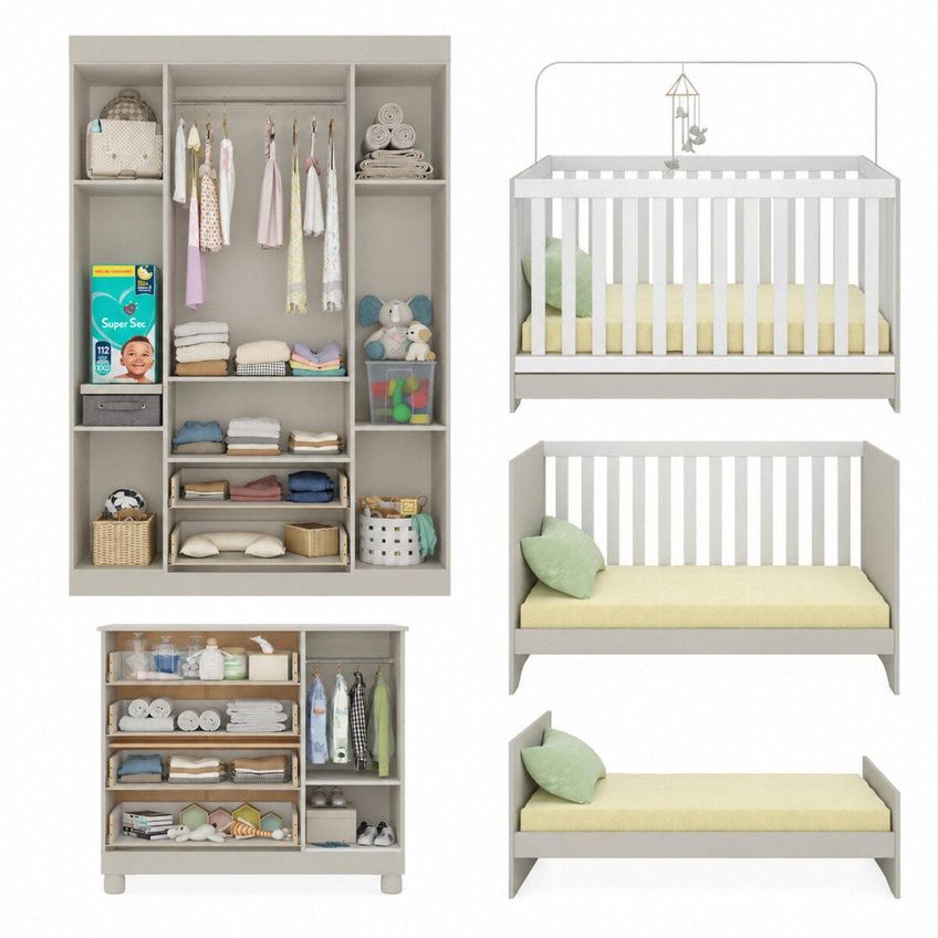 Quarto De Bebê Completo Com Berço Americano 3 Em 1 Colchão Incluso Pirulito Multimóveis Mp4629 Off White - imagem 5