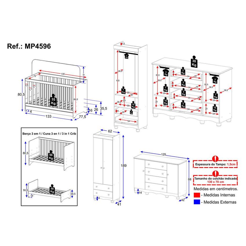 Quarto De Bebê Completo Com Berço Americano 3 Em 1 P/colchão 130x70cm Dengo Multimóveis Mp4596 - Off White - imagem 4