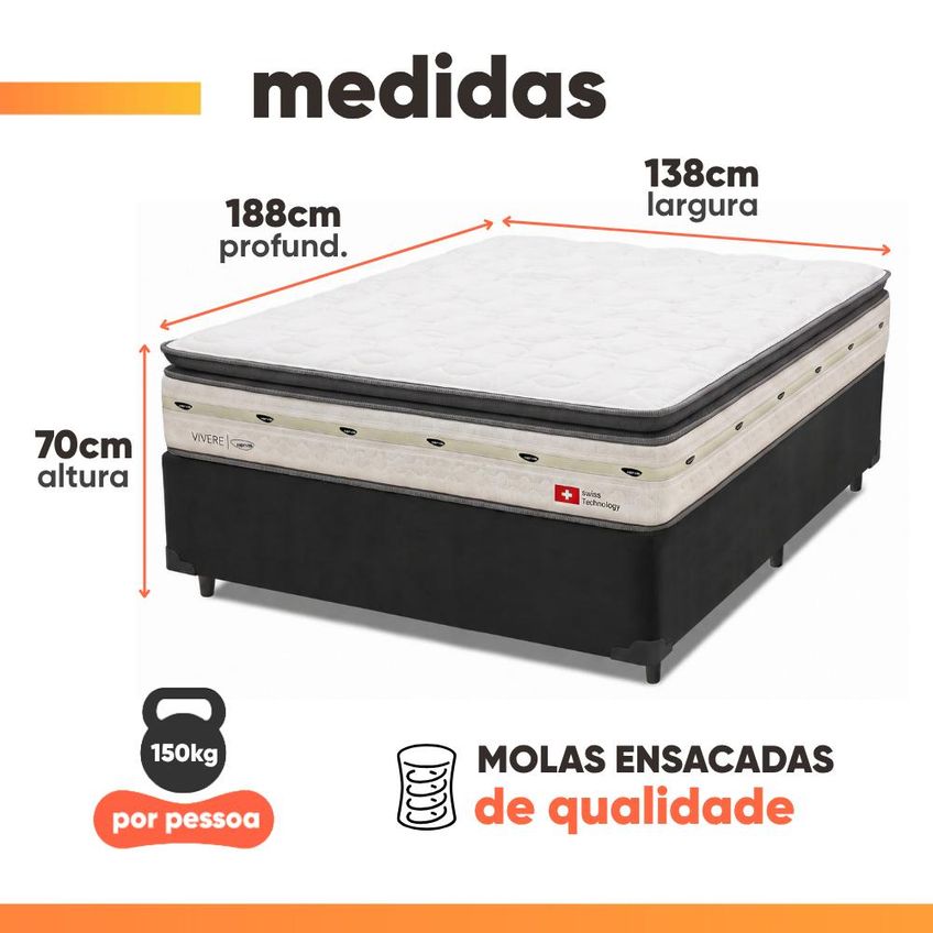 Cama Box Casal Molas Ensacadas Orion 138x188x70cm Herval Suporta Até 150 Kg Por Pessoa - imagem 3