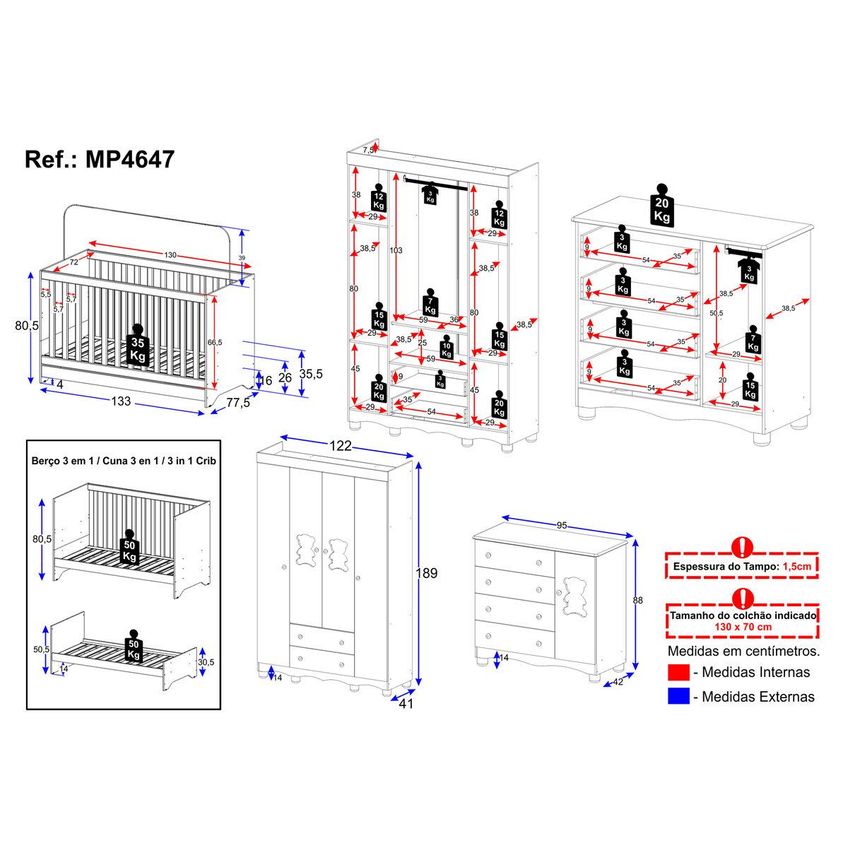 Quarto De Bebê Completo Com Berço Americano 3 Em 1 Ternura Multimóveis MP4647 - Off White - imagem 4