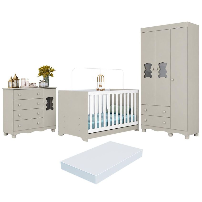 Quarto De Bebê Completo Com Berço Americano 3 Em 1 Colchão Incluso Ternura Multimóveis Mp4671 - Off White - imagem 2