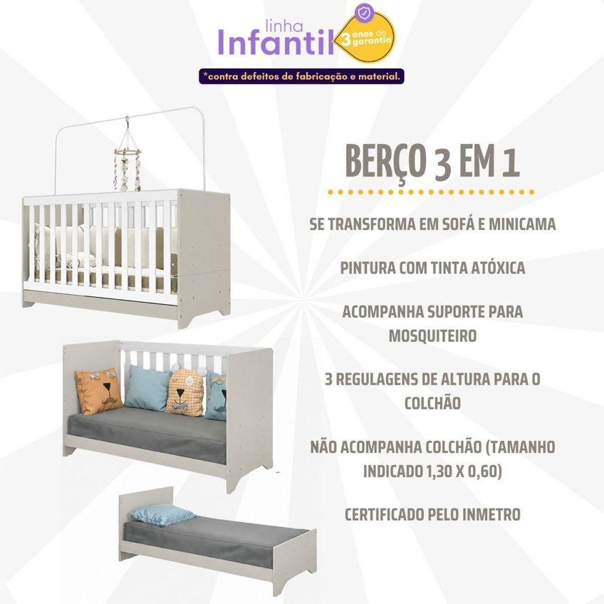 Berço 3 Em 1 Para Colchão 60x130cm Pipoca Multimóveis Bb0527 - Off White/Branco - imagem 3