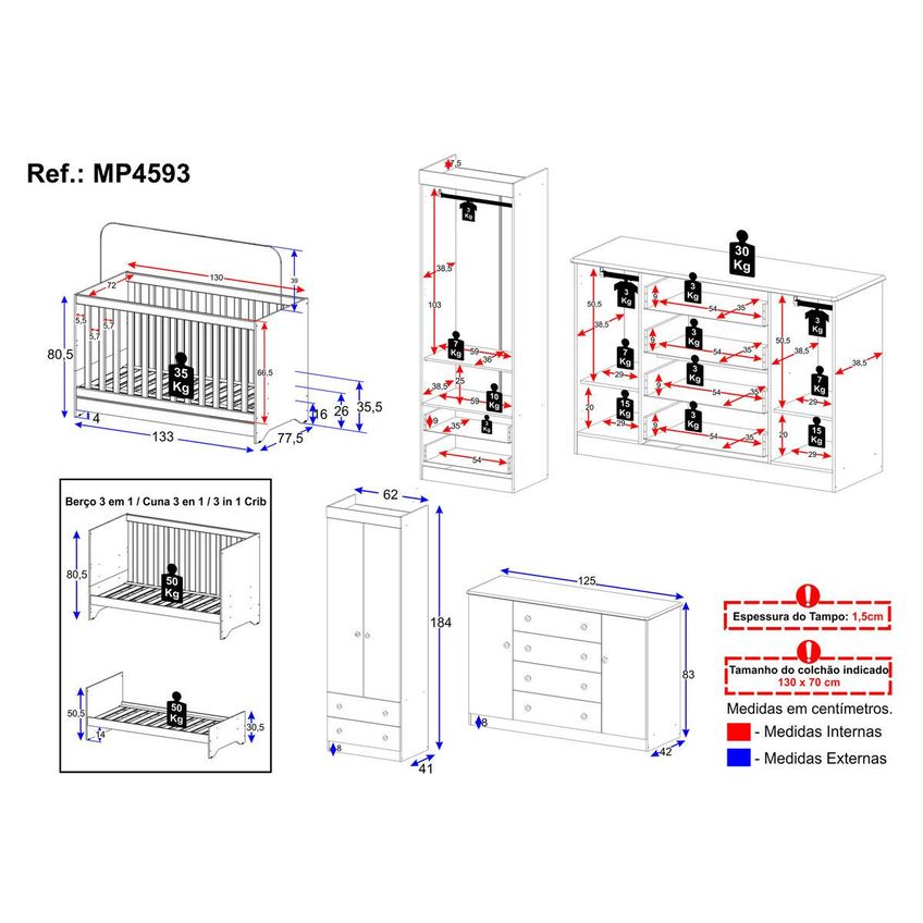 Quarto De Bebê Completo Com Berço Americano 3 Em 1 P/colchão 130x70cm Encanto Multimóveis Mp4593 - Off White - imagem 4
