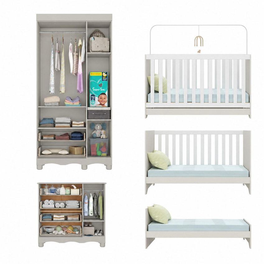 Quarto De Bebê Completo Com Berço Americano 3 Em 1 Colchão Incluso Ternura Multimóveis Mp4671 - Off White - imagem 5