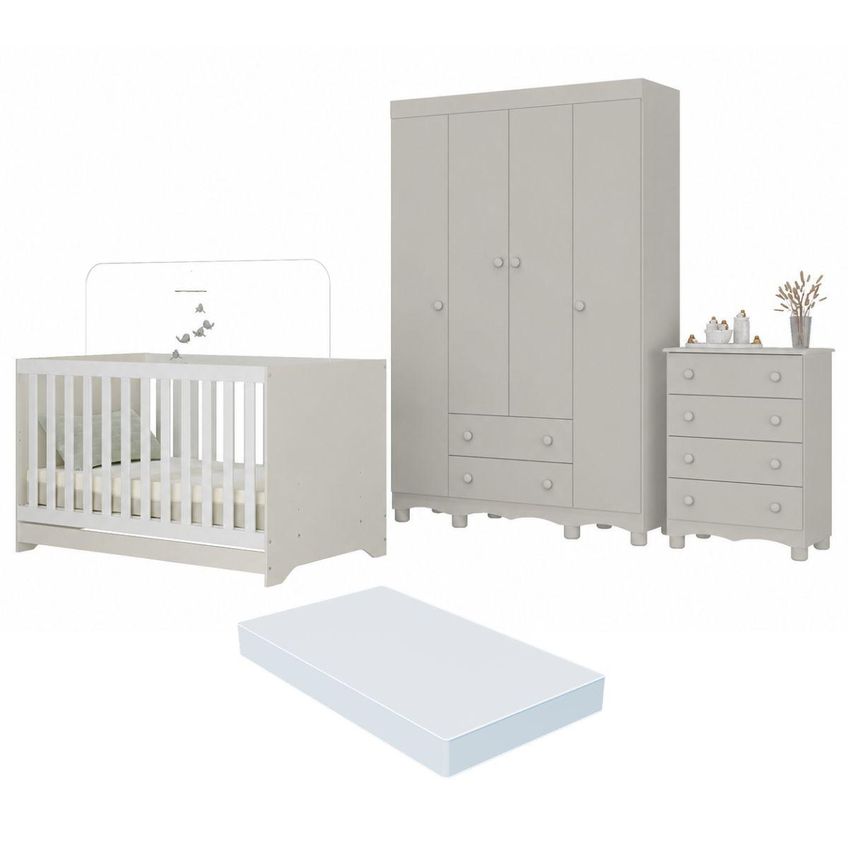 Quarto De Bebê Completo Com Berço Americano 3 Em 1 Colchão Incluso Dengo Multimóveis MP4604 - Off White - imagem 2
