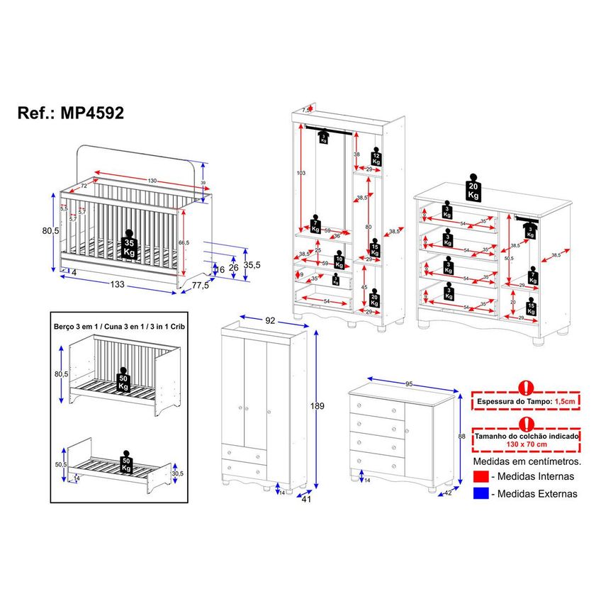 Quarto De Bebê Completo Com Berço Americano 3 Em 1 P/colchão 130x70cm Dengo Multimóveis Mp4592 - Off White - imagem 4