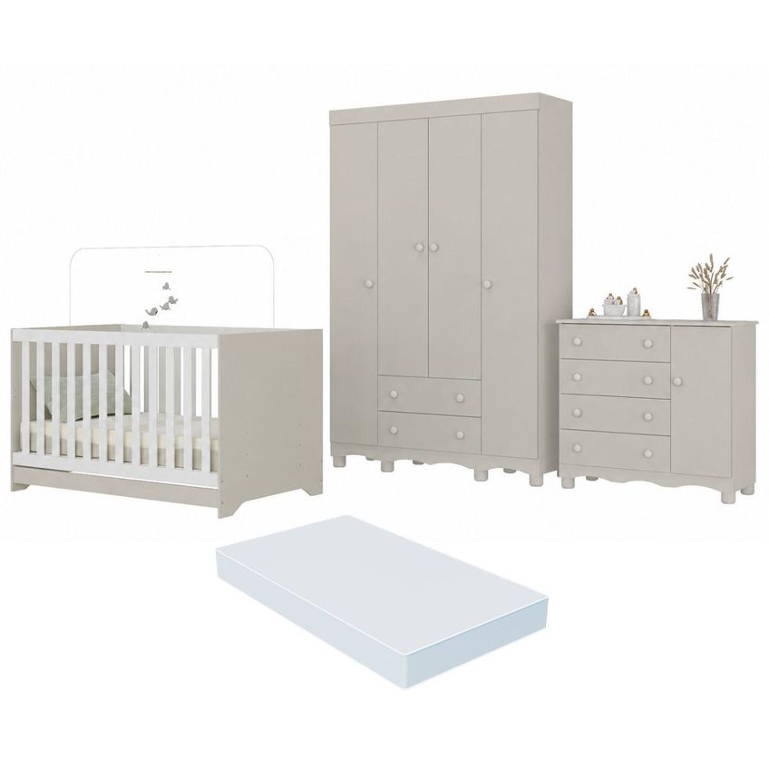 Quarto De Bebê Completo Com Berço Americano 3 Em 1 Colchão Incluso Dengo Multimóveis Mp4600 - Off White - imagem 2