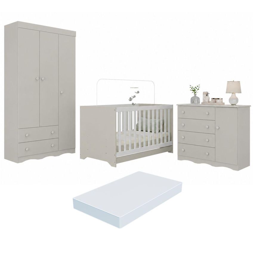 Quarto De Bebê Completo Com Berço Americano 3 Em 1 Colchão Incluso Realeza Multimóveis MP4607 Off White - imagem 2