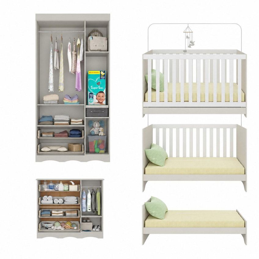 Quarto De Bebê Completo Com Berço Americano 3 Em 1 Colchão Incluso Realeza Multimóveis MP4607 Off White - imagem 5