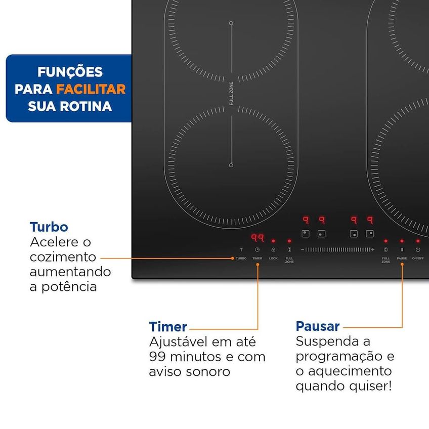 Cooktop De Indução CTI-03 4 Bocas Com Full Zone E Função Turbo Mondial - imagem 5