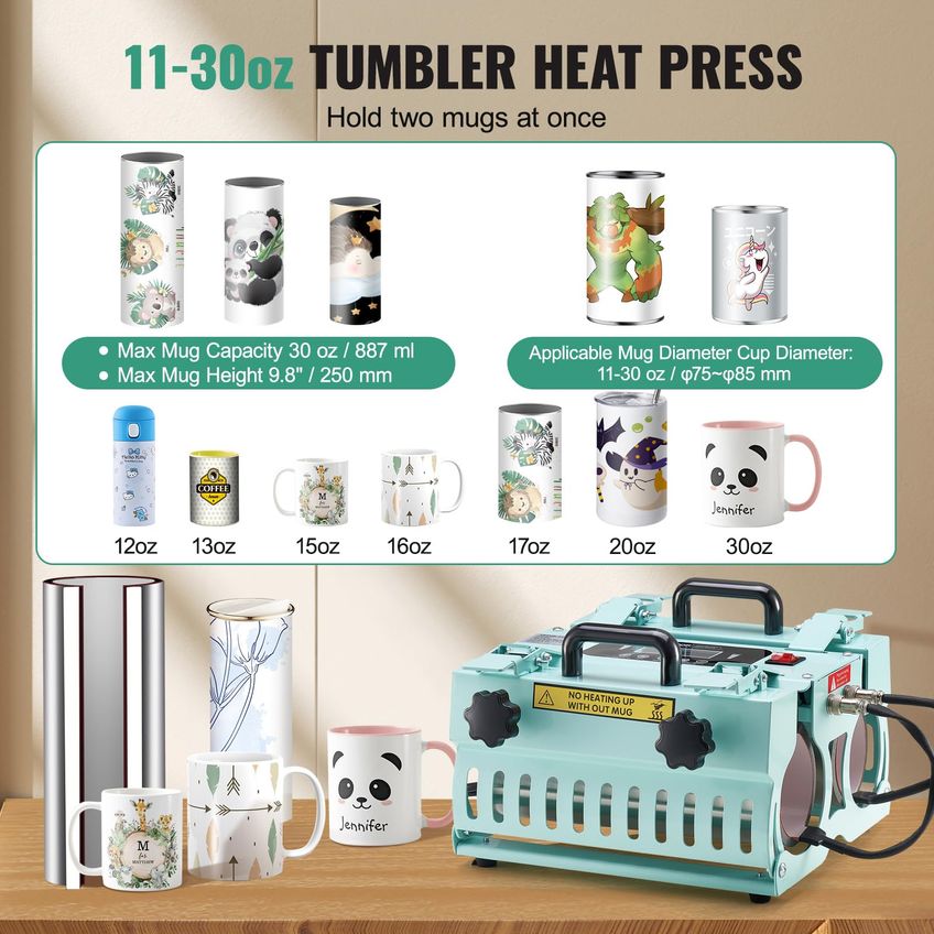Prensa De Calor Para Copos Vevor 2 Estações 11‑30 oz Com Tela Dupla - imagem 3