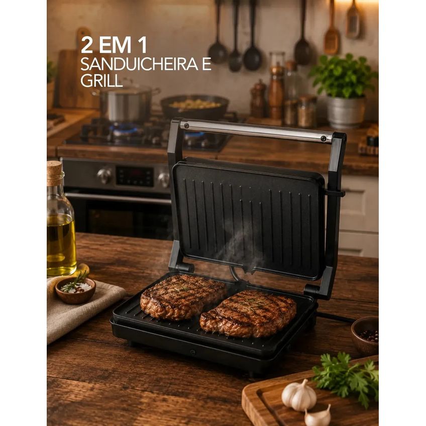Grill Sanduicheira Elétrica Antiaderente Inox Chapa Dupla 2 Em 1 127v - imagem 3