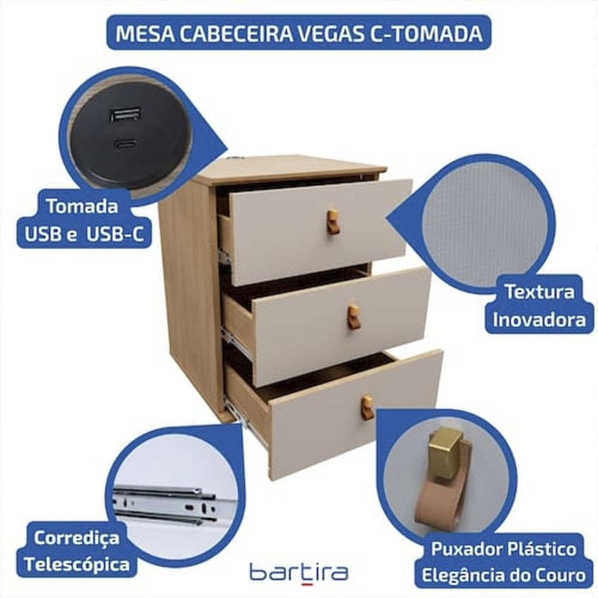 Mesa de Cabeceira Bartira Vegas 3 Gavetas com USB Poah - imagem 2