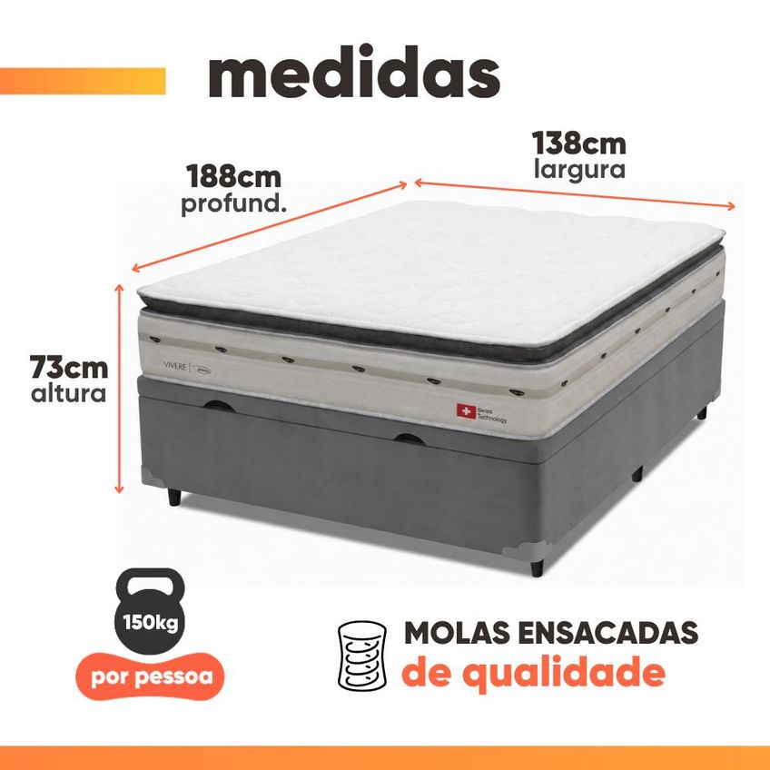 Cama Box Baú Casal Molas Ensacadas Orion 138x188x73cm Herval Suporta Até 150 Kg Por Pessoa - imagem 3