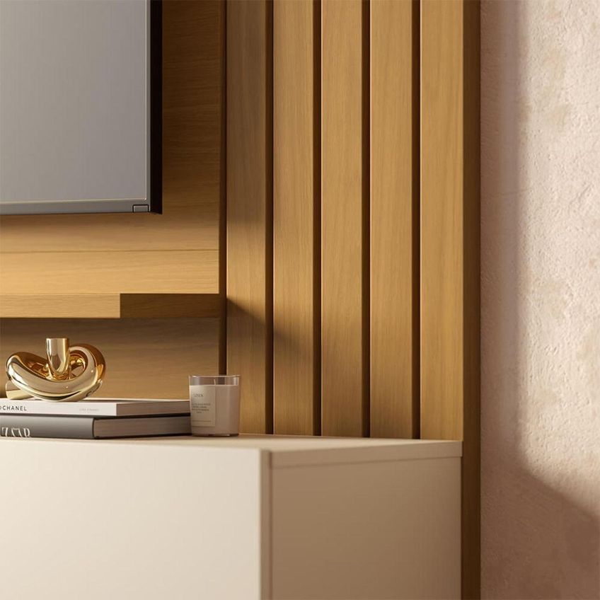 Painel Para TV Até 70 Polegadas Com 3 Portas E 2 Prateleiras Multimóveis CRCOL-PTV032 Madeirado/Off White - imagem 3